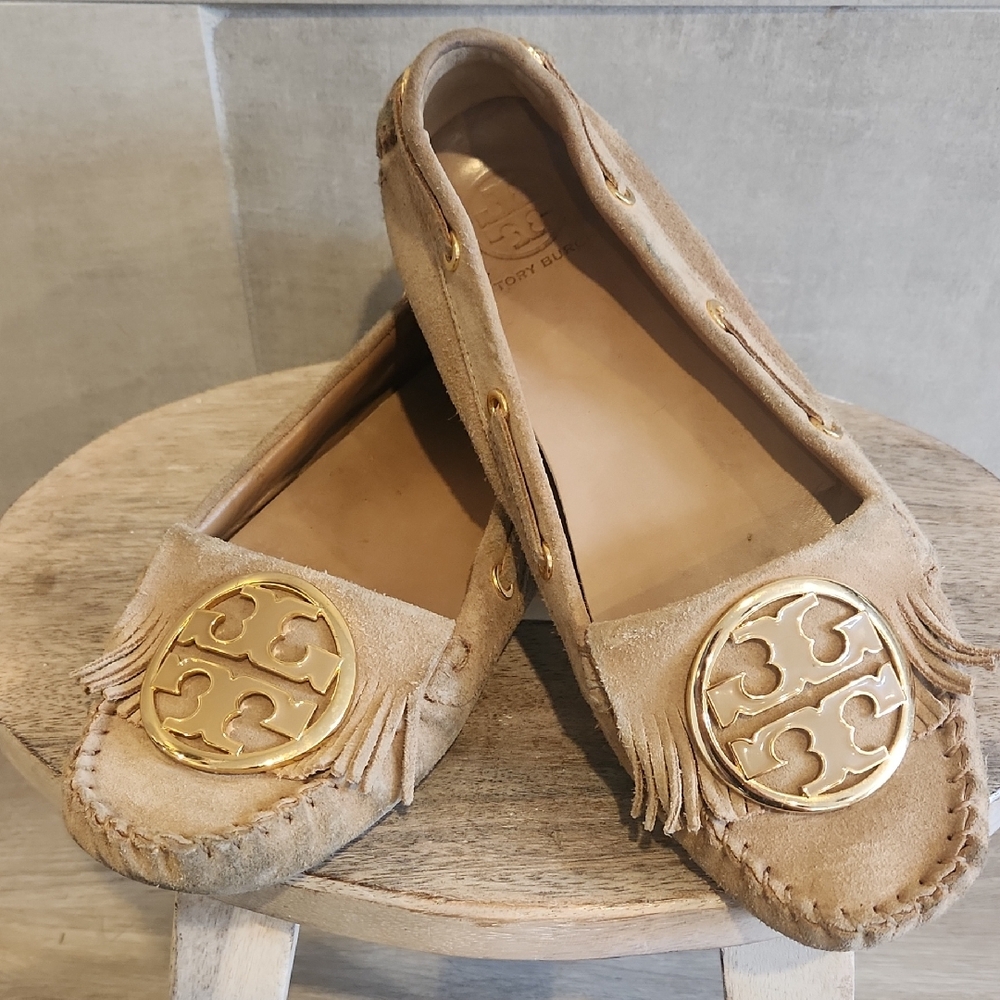 Tory Burch Beige Moccasins with Gold Emblems